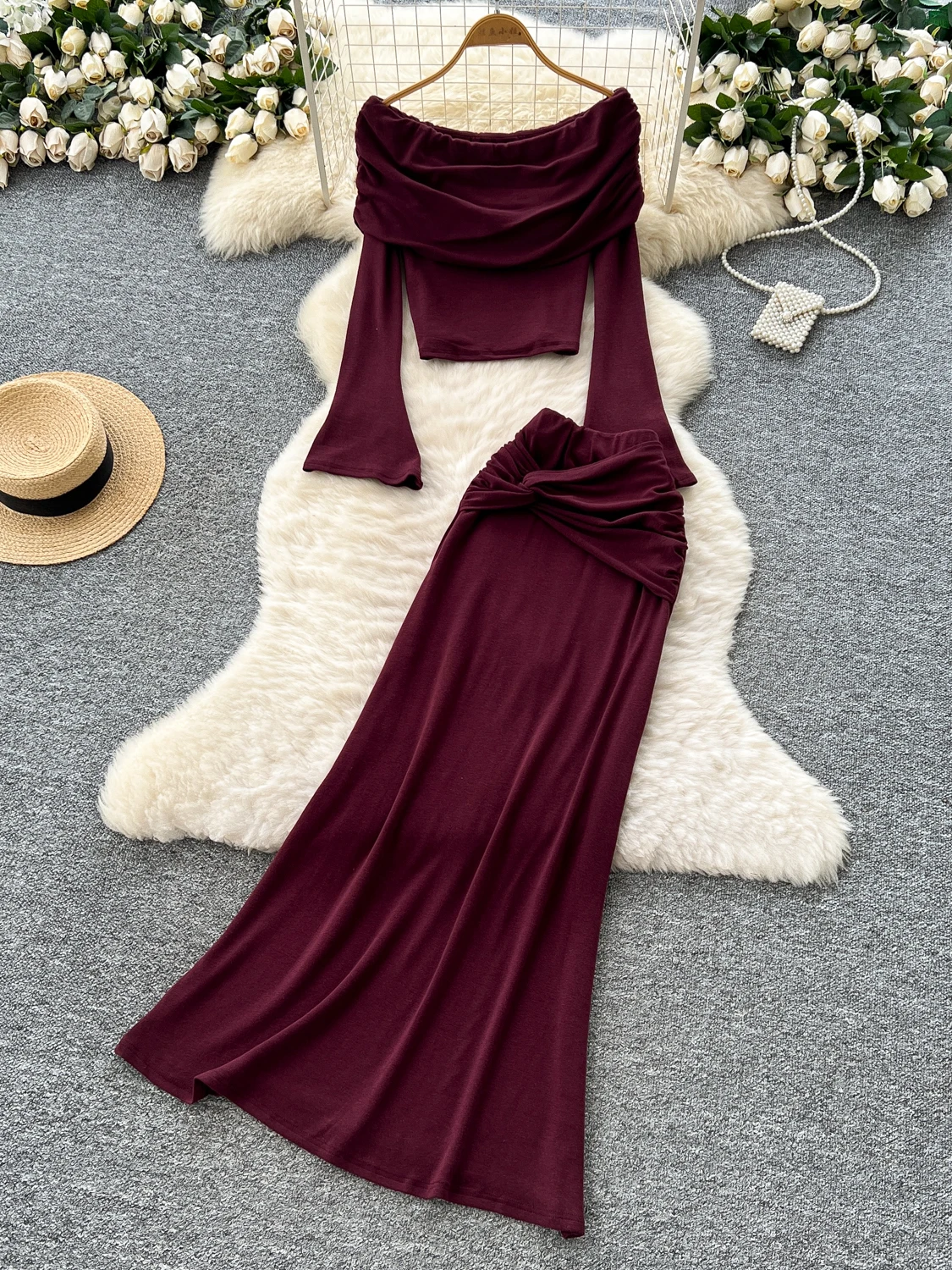 

Ele High Waist Wrap Bodycon Skirt And Top Set with oulder Bows Long Sve Turn-down Collar Splice Two-piece Women's Fa...