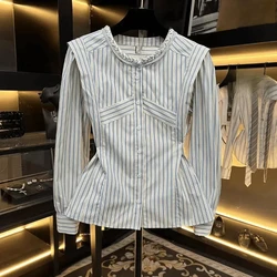 Women's Clothing Round Neck Pullover Striped Contrast Color Long Sleeve Button T-shirt Casual Fashionable Spring Autumn Tops