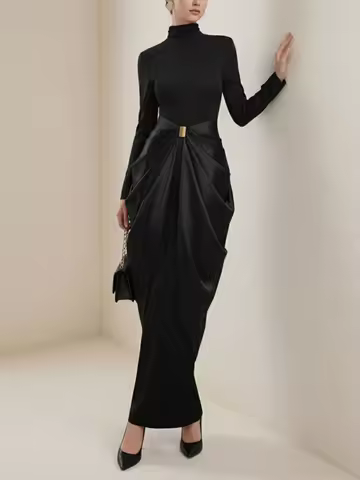 Freeacy 2025 New Women's Black High Neck Long Sleeves Dress Gold Accent High Waist Pleated Evening Dresses Slim Fit Maxi Dress