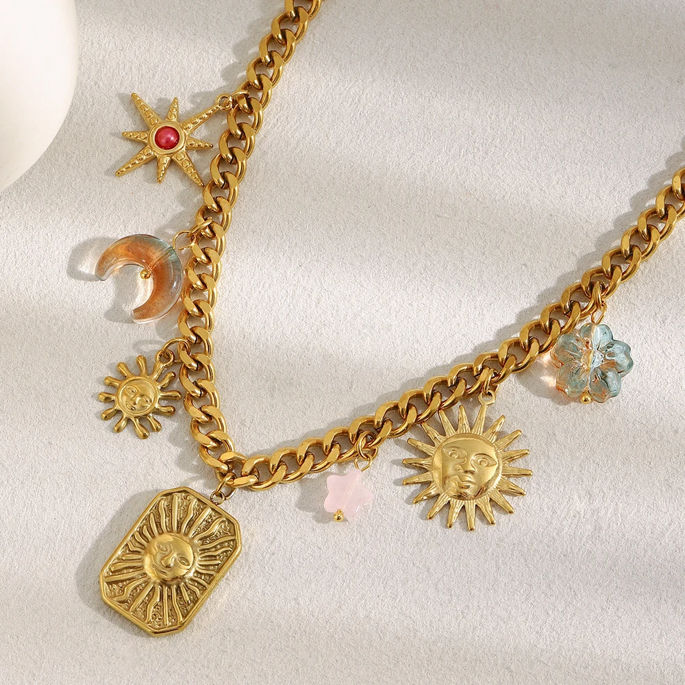 

Women's Stainless Steel Plated 18K Gold Necklace with Gold Square Plate Sun Colored Moon And Eight-Pointed Star Jewelry Gift