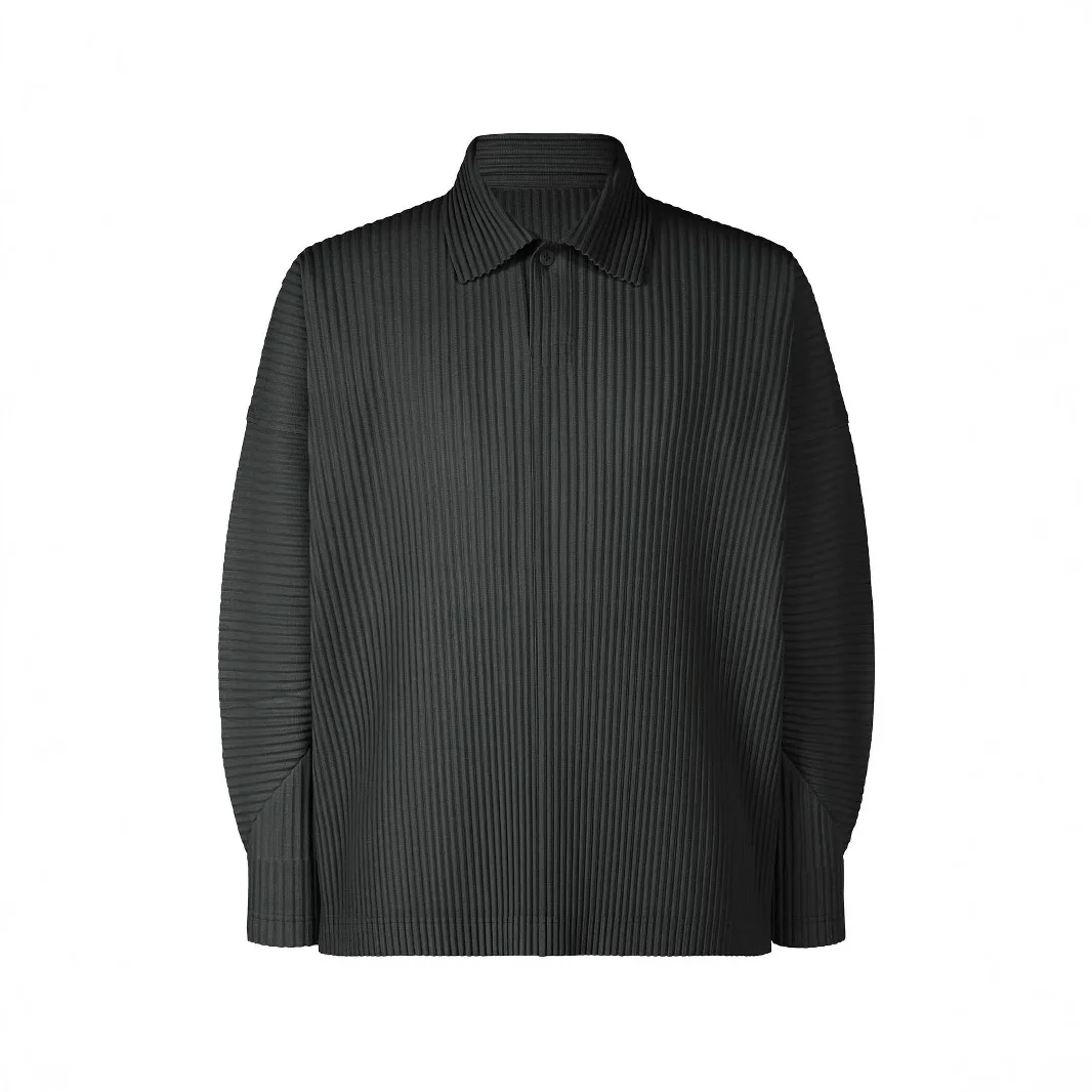 Miyake Men's Solid Color Plisse Japanese Casual Classic Pleated Loose Casual Fashion Pleated Lapel Long Sleeve Top Polo Shirt - Image 6