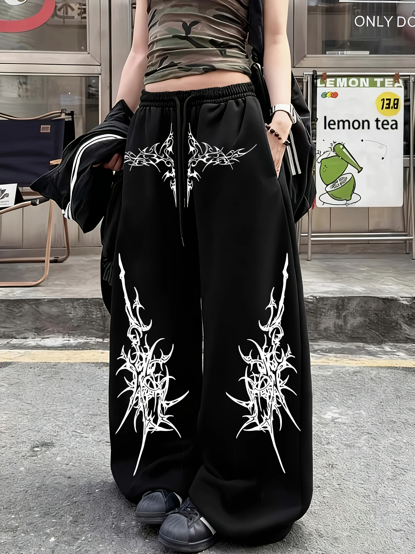 Women's Street Style Casual Sweatpants with Gothic Style Print  Arrivals for Spring Fleece Loose Fit Streetwear Oversized