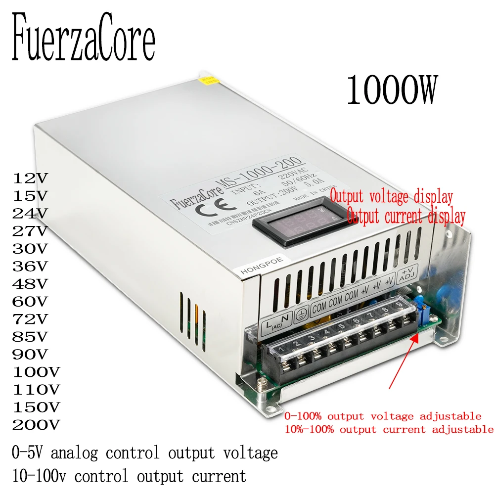 

1000W digital power SMPS 0-12V 15V 24V 27V 30V 36V 48V 60V 72V 85V 90V 100V 110V 150V 200V0-5V analog signal PLC control PWM LED