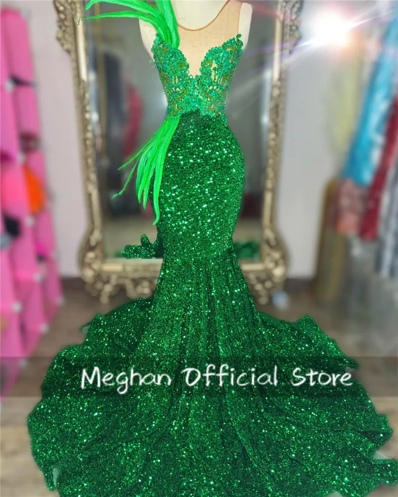 Green Long Prom Dresses For Black Girls Bead Sequined Rhinestone 2025 Birthday Luxury Dress Feathers Evening Gown Customized