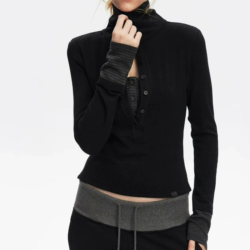 Nouveau printemps automne 2026 mode vêtements d'extérieur couche de Base pour les femmes faux deux col montant minceur élégant col haut tricoté hauts