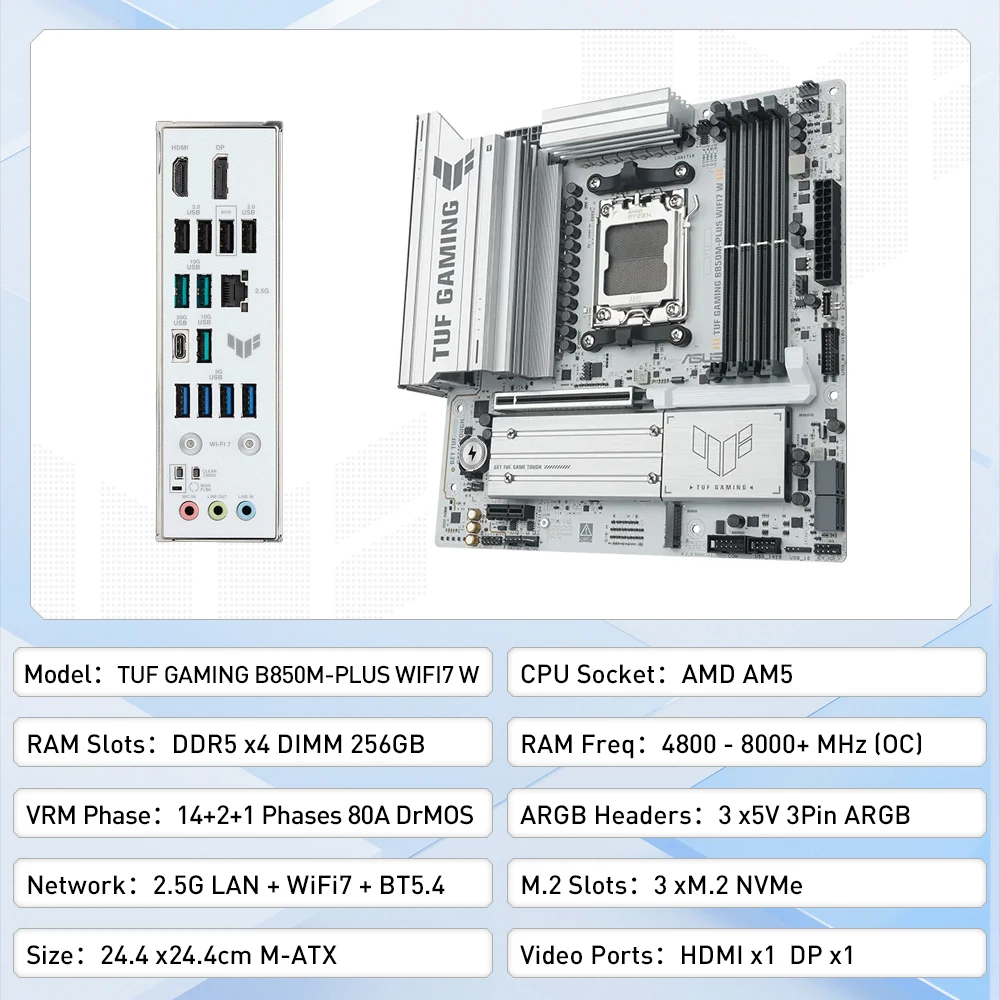Asus TUF GAMING B850M-PLUS WIFI7 W 256GB Compatible with 9000/8000/7000 series Support PCIe 5.0 Adopting the AM5 architecture view 2