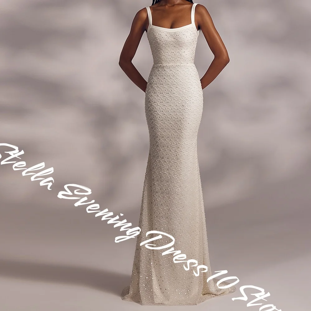Robe de soirée en Jersey blanc, personnalisée, de haute qualité, paillettes délicates, sans bretelles, bretelles Spaghetti, dos nu, traîne de balayage P