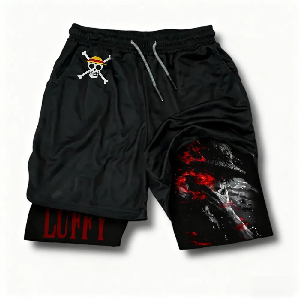 One Piece Men's Double-layer Shorts Monkey D. Luffy Summer Japanese Anime Fake Two-piece Sports Fitness Quick-drying Shorts