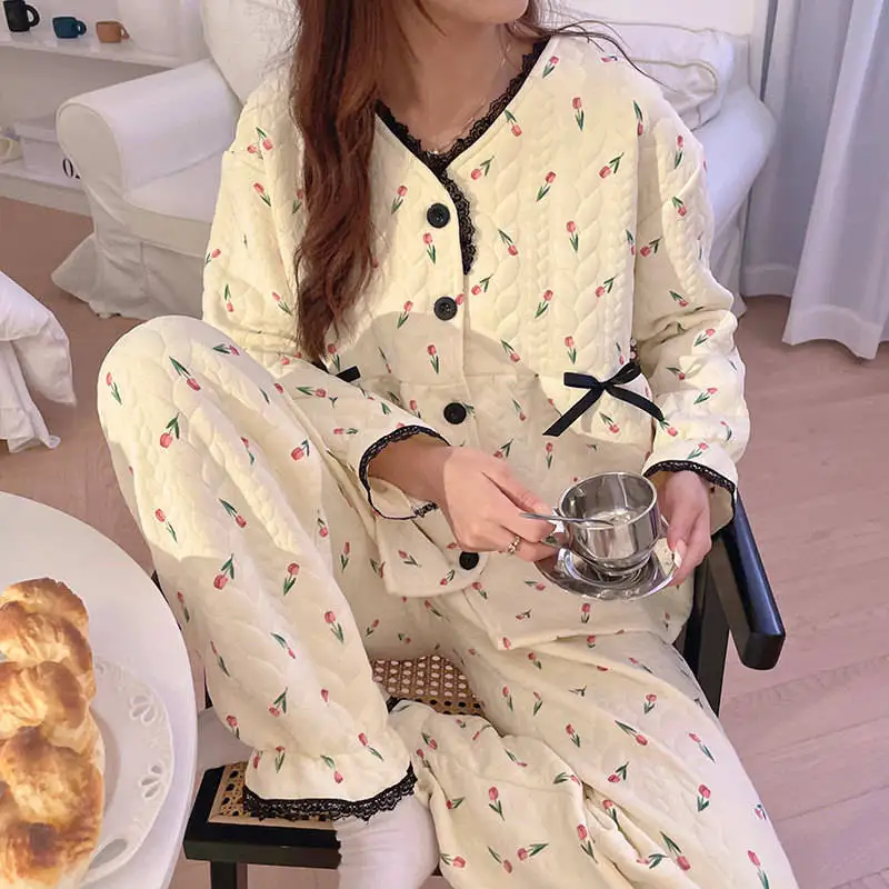 

Pajama Elastic Sets Women Christmas Flannel Cherry Pattern Festive Nightwear Furry Feel Buttoned Front Long Sleeved Full Length