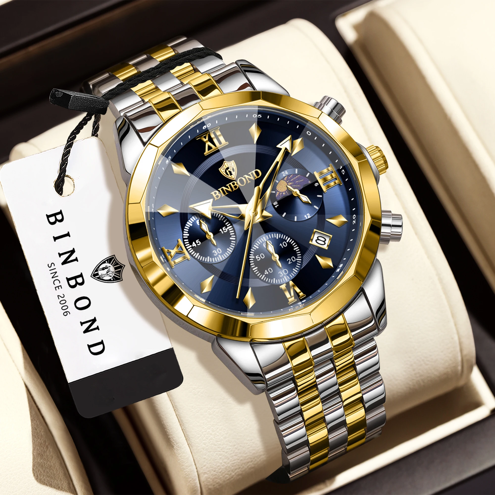 BINBOND Original Chronograph Men's Watch Quartz Watches For Men Luxury Luminous Waterproof Reloj Festina Hombre +Gift Box