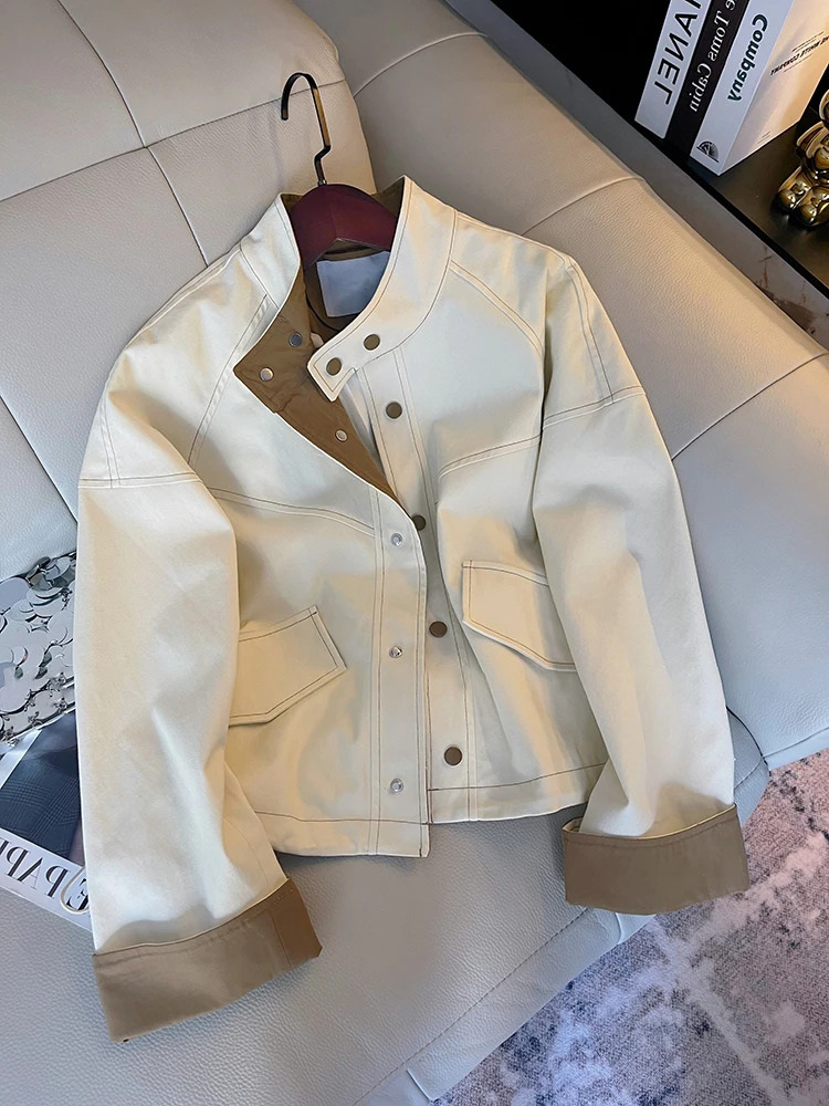 

Ретро американский контрастный цвет с воротником-стойкой, рабочая одежда Jaet ex Spring Autumn Faion, повседневный универсальный топ Jaet