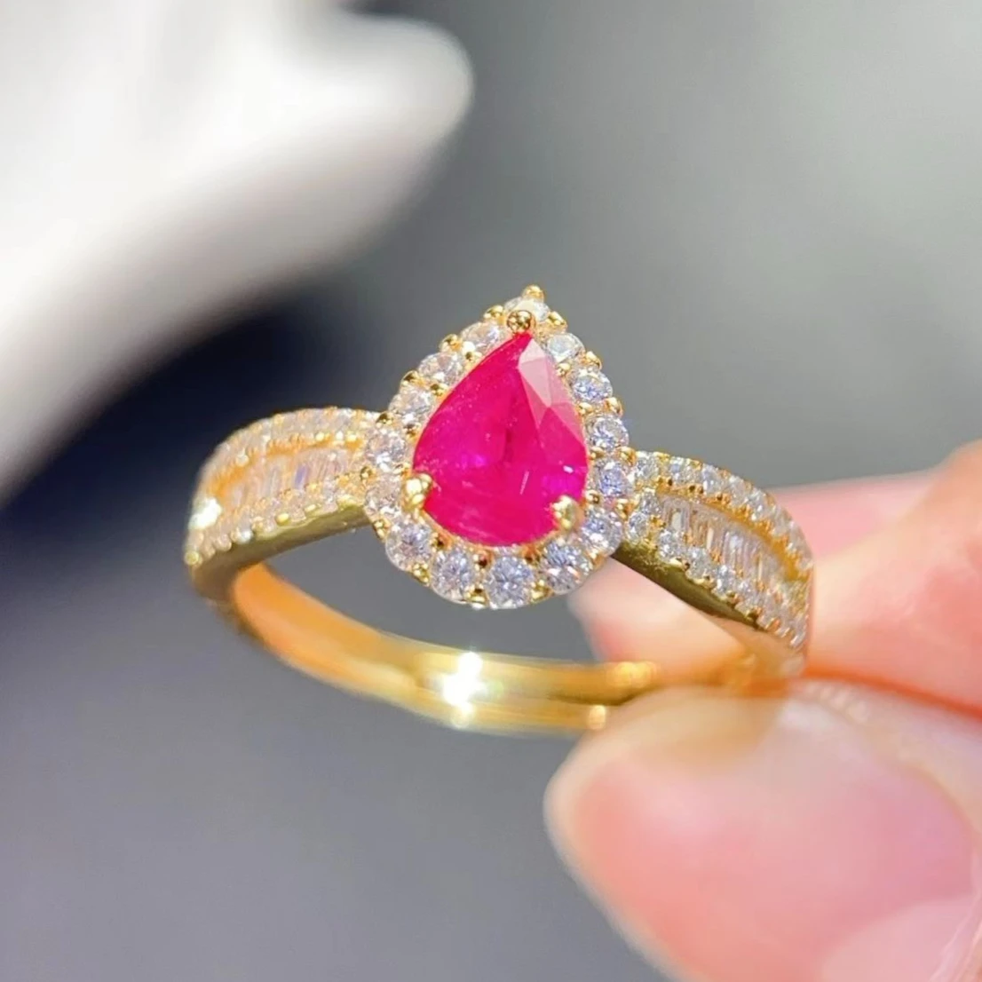 925 Silver Natural Ruby Ring With Certificate 5*7mm Pear Shape Red Gemstone Halo Split Shank Statement Ring For Women Daily Wear