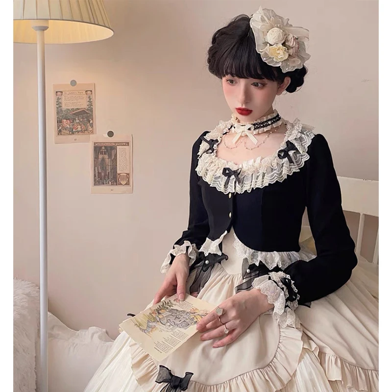 

Женские укороченные блузки с бантом в стиле Kawaii, японская лолита, кэйтокор, кружевные блузки с пэчворком, готические черные топы с длинными рукавами в стиле Харадзюку