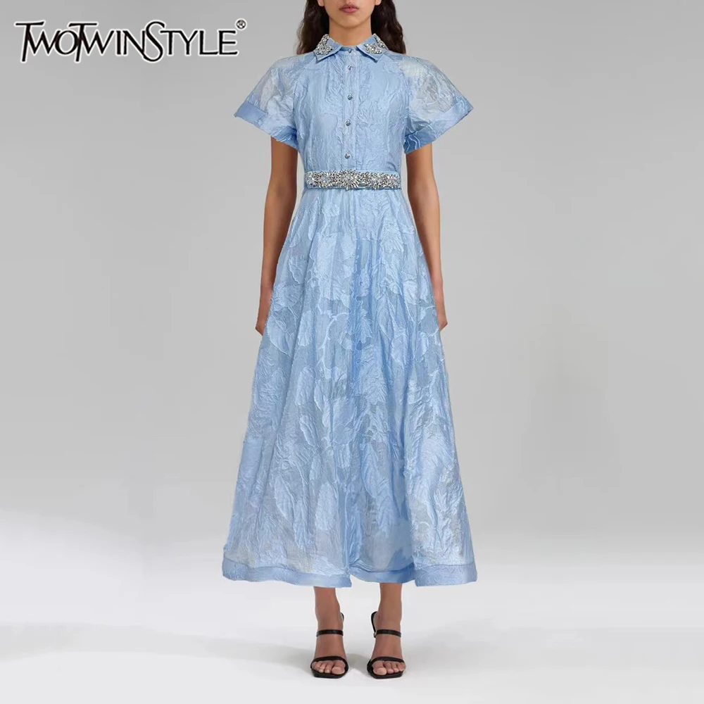 

TWOTWINSTYLE Solid Printing Spliced Diamond Elegant Dresses for Women Lapel Short Sleeves Patchwork Single Breasted Dress Female