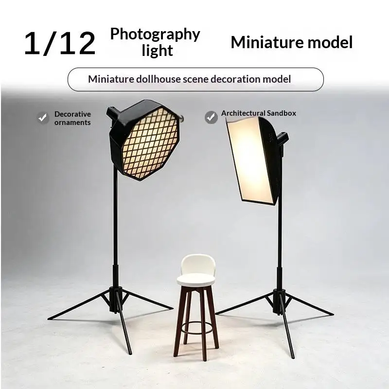 1/12 Scale Miniature Photography Studio Accessory Set Softbox Light Tripod Stool for Dollhouse Craft Display