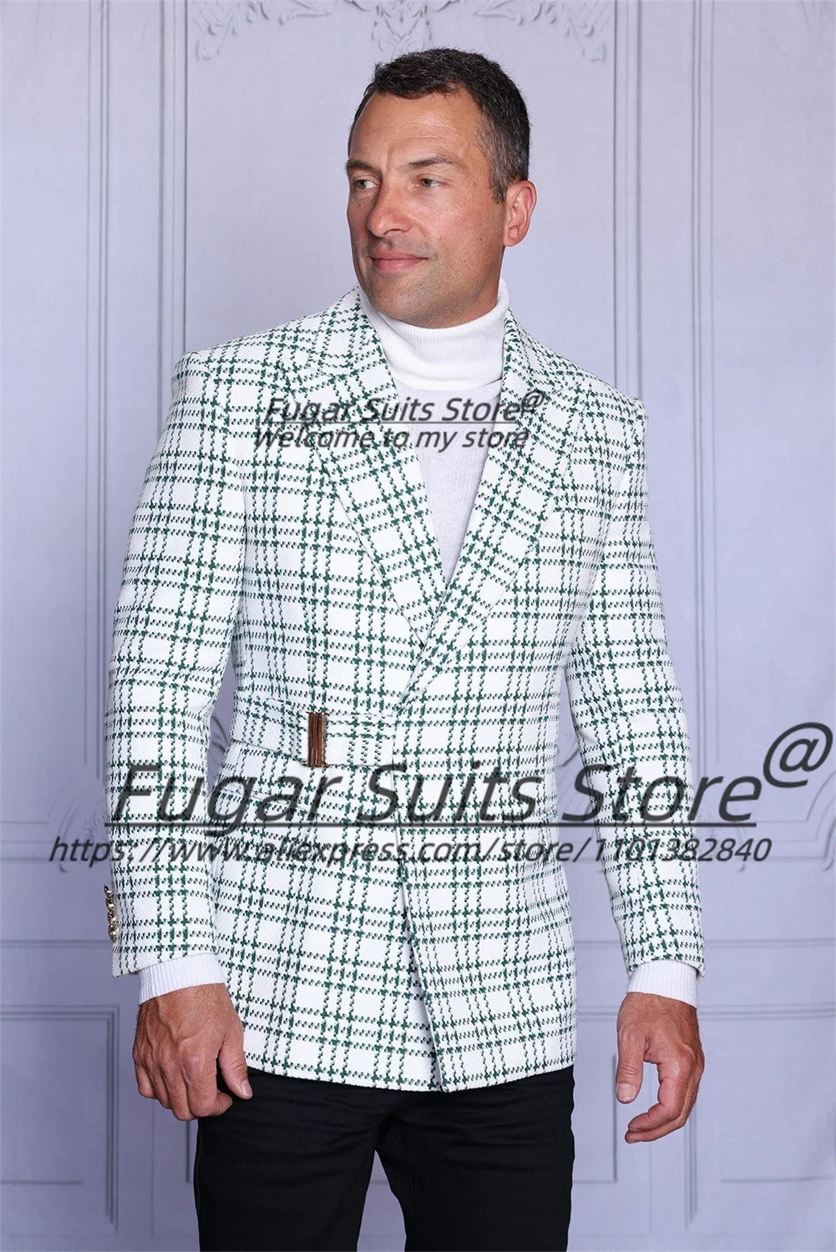 

Business Plaid Men Suits Customized Slim Fit Peak Lapel Groom Formal Tuxedos 2Pieces Sets Male Office Work Blazers Costume Homme