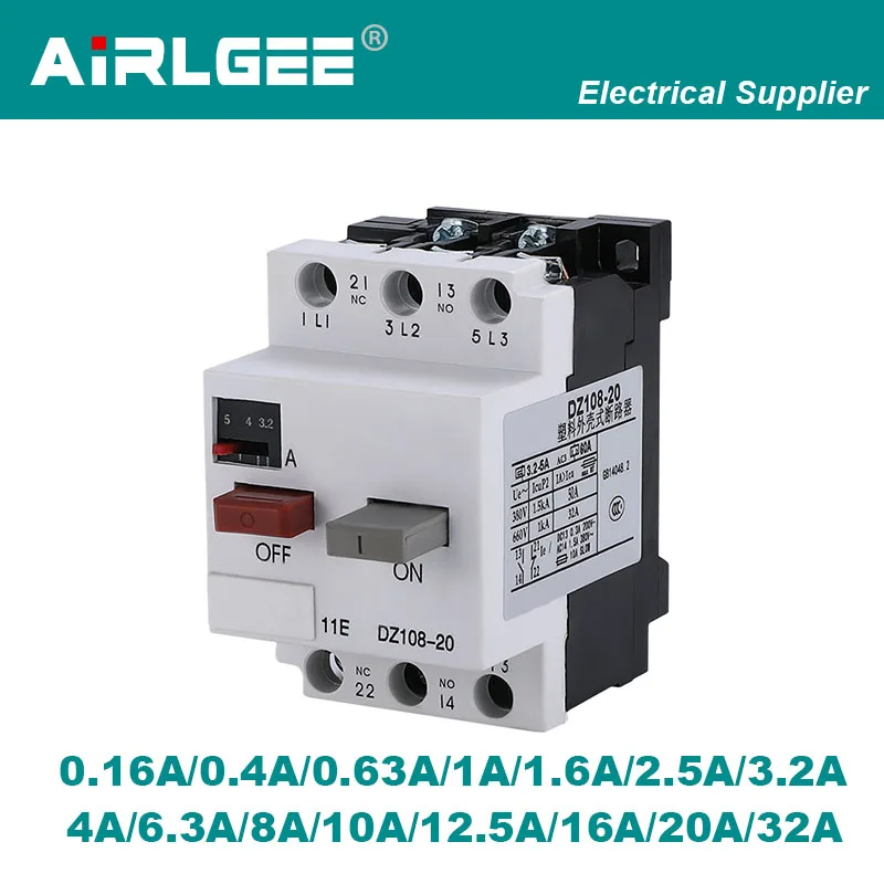 DZ108-20 1NO 1NC Moulded Case Motor Protection Circuit Breaker 0.16A 0.4A 0.63A 1A 1.6A 2.5A 3.2A 4A 8A 10A 16A 20A 32A