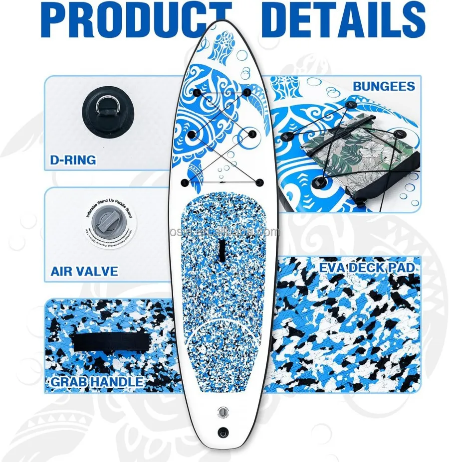 لوح مجداف قابل للنفخ IBoard ISUP نموذج شامل SUP PVC/EVA مادة خشبية وردية اللون البحيرات الأنهار استخدام زعانف مجداف المقود حقيبة