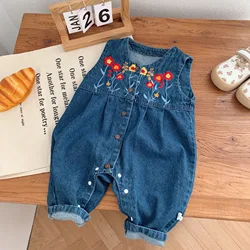 RAISE Spring Infant Girls Strappy Jeans Embroidery Floral Denim Jumpsuit Cotton Sleeveless Button Romper Children Girls Outfits