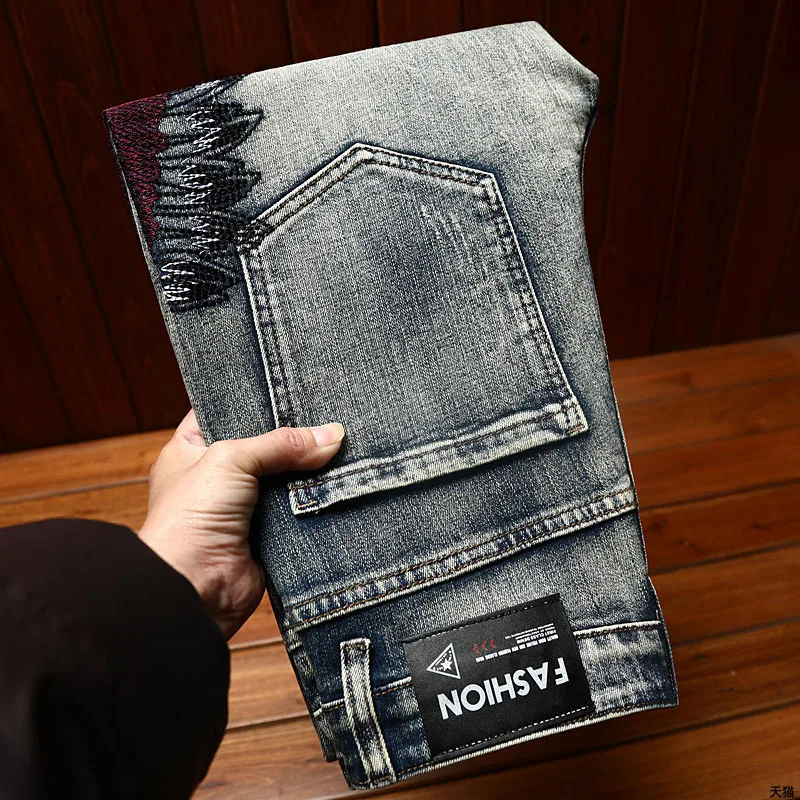 New Embroidered Perforated Light Luxury High end Jeans Men Elastic Fashion Brand Slim Fit Fashion High Street Casual Denim Pants