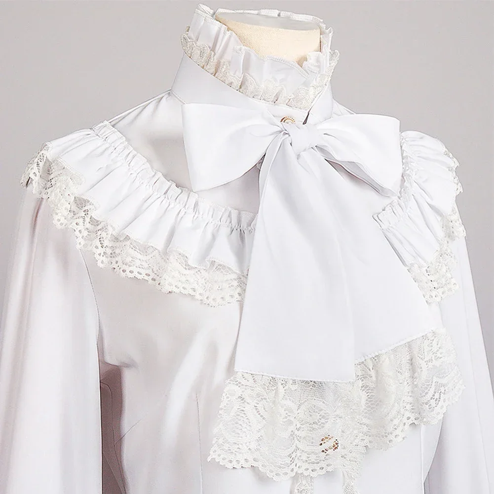 Victorian Women's Ruched Lace Shirts And Blouses Gothic Lolita Vintage Long Sleeve Lotus Ruffle Solid Black White Tops Shirt