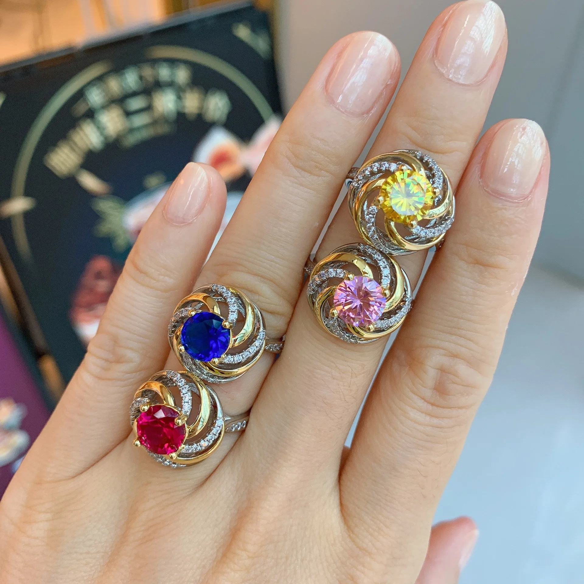 

2022 Luxury 8mm Ruby Topaz Pink Quartz Sapphire Round Rings For Teens Women 925 Silver Party Wedding Bands Fine Jewelry Gifts