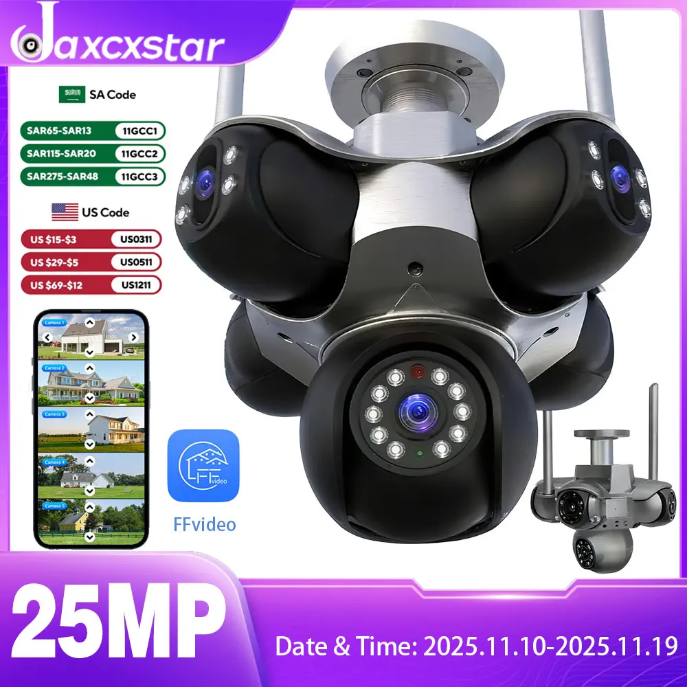 

25MP 4K Wifi Panoramic Security Camera Outdoor 5 Lens 5 Screens Auto Tracking Wireless PTZ CCTV Video Surveillance Camera