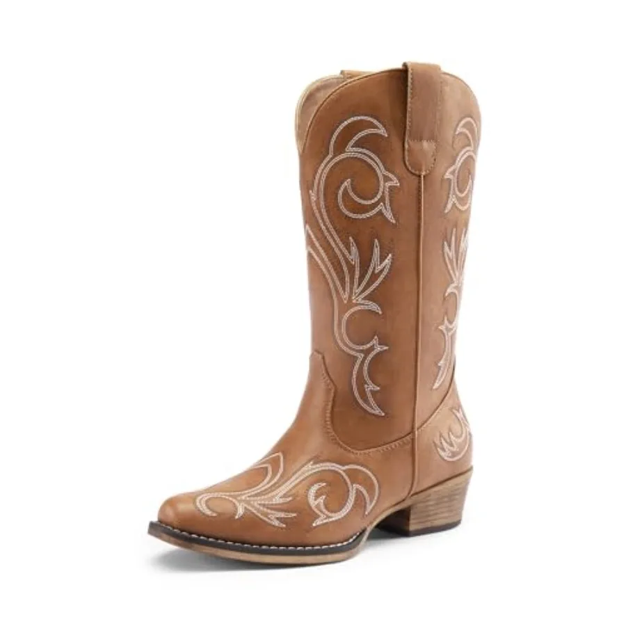 

Women's Cowboy Boots Mid Calf Cowgirl Boots Square Toe Chunky Heel Embroidery Stitched Western Boots