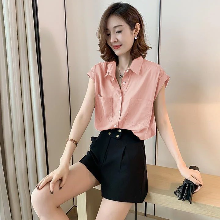 

Slimming Effect Loose Women's Shirt Fashionable Korean Style V-Neck Short Sleeve Straight Cut European Station Design