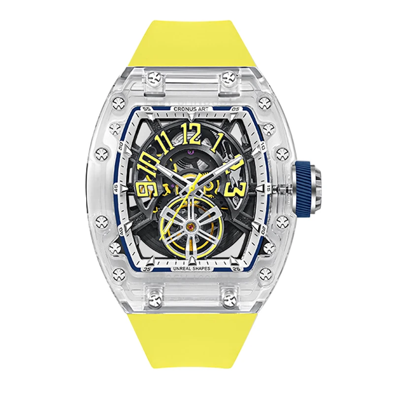 CRONUSART Men Automatic Watch Tonneau Mechanical Wristwatch Acrylic Case Skeleton Semi-circular Luminous Dial Sapphire FKM Strap