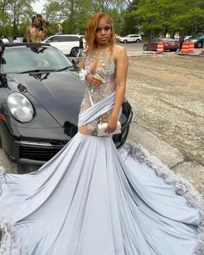 Silver Ivy Diamond African Prom Dresses for Black Girl Luxury Crystal Beaded Feather Birthday Evening Gown Sheer Mesh customsize