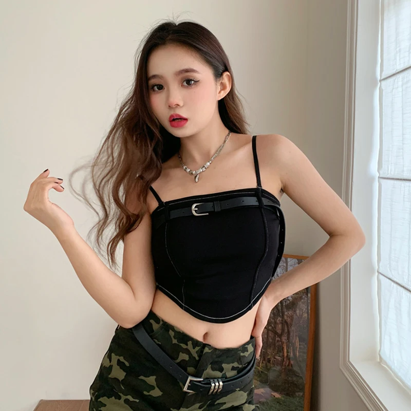 Sleeveless Tank Tops Women Safari Style Padded Belt Decoration Slim Fitting Sexy Leisure Base Top Short Style Leisure Crop Top