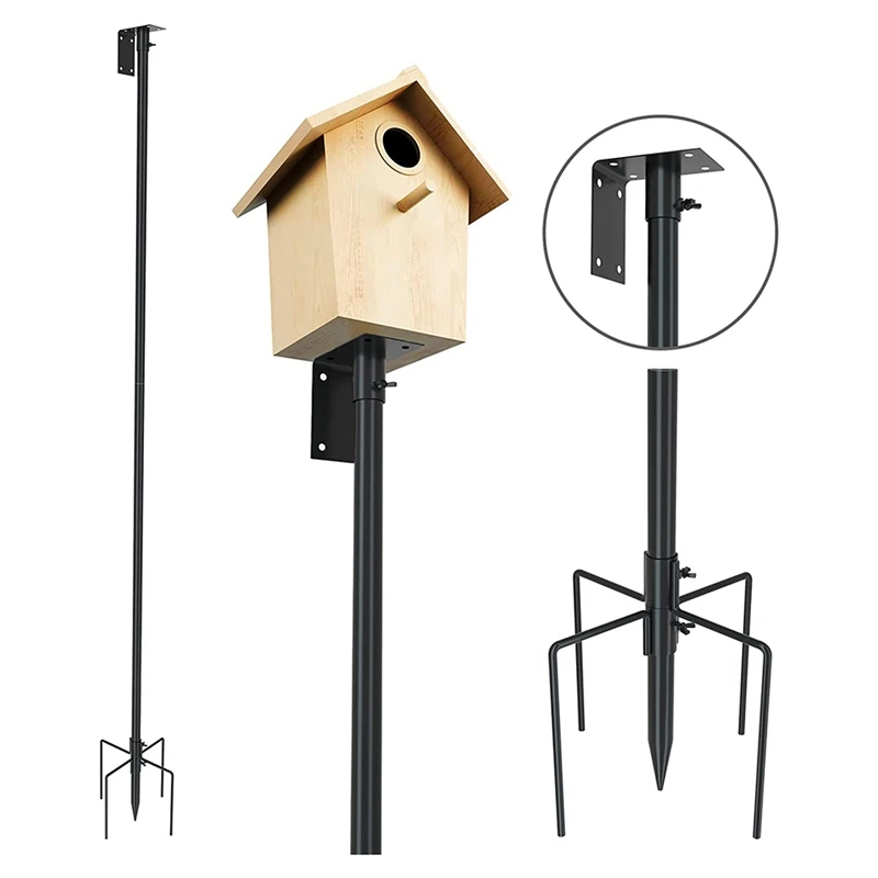 Bird House Pole Mount Kit - Adjustable Bird Bird Feeder Post Support Rod Stand Set Universal Black Bird House Pole With 5 Prongs