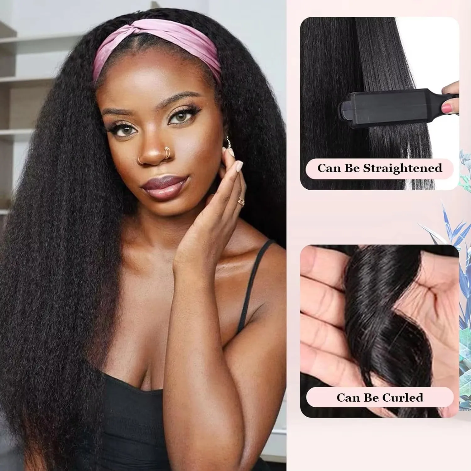 Long Kinky Straight Hair Wigs for Black Women, Synthetic Headband Wig, Hair Band Attached Half Wig, Full Machine Made, None Lace