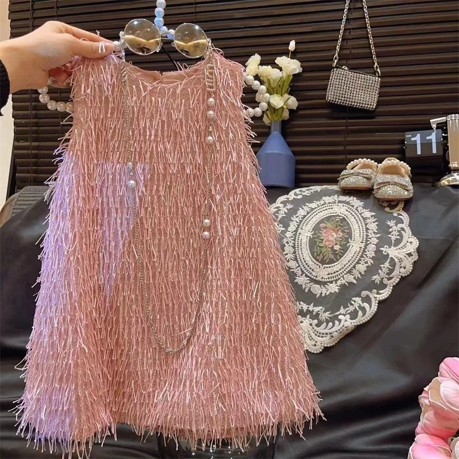 Dress New Summer Princess Tassels Girls Round Neck Vest Skirt Birthday Causal 2024 Fashion Round Collar Pink Sleevelss