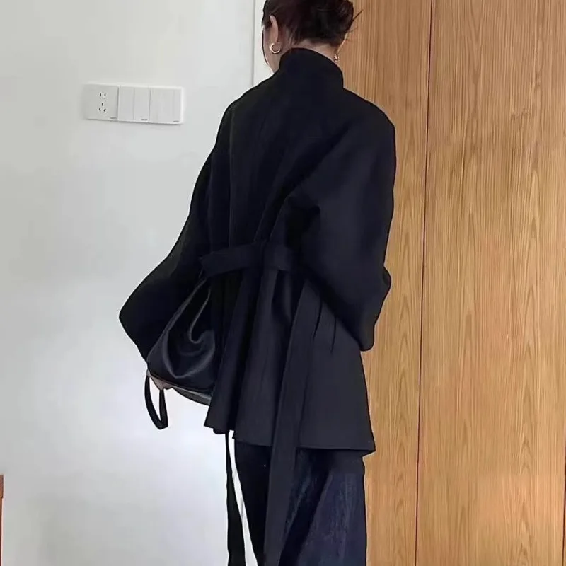 EAEOVNI Fashion Solid Color Short Trench Coat Women Solid Color Stand Collar Belt Gathered Waist Jacket Office Lady Clothing