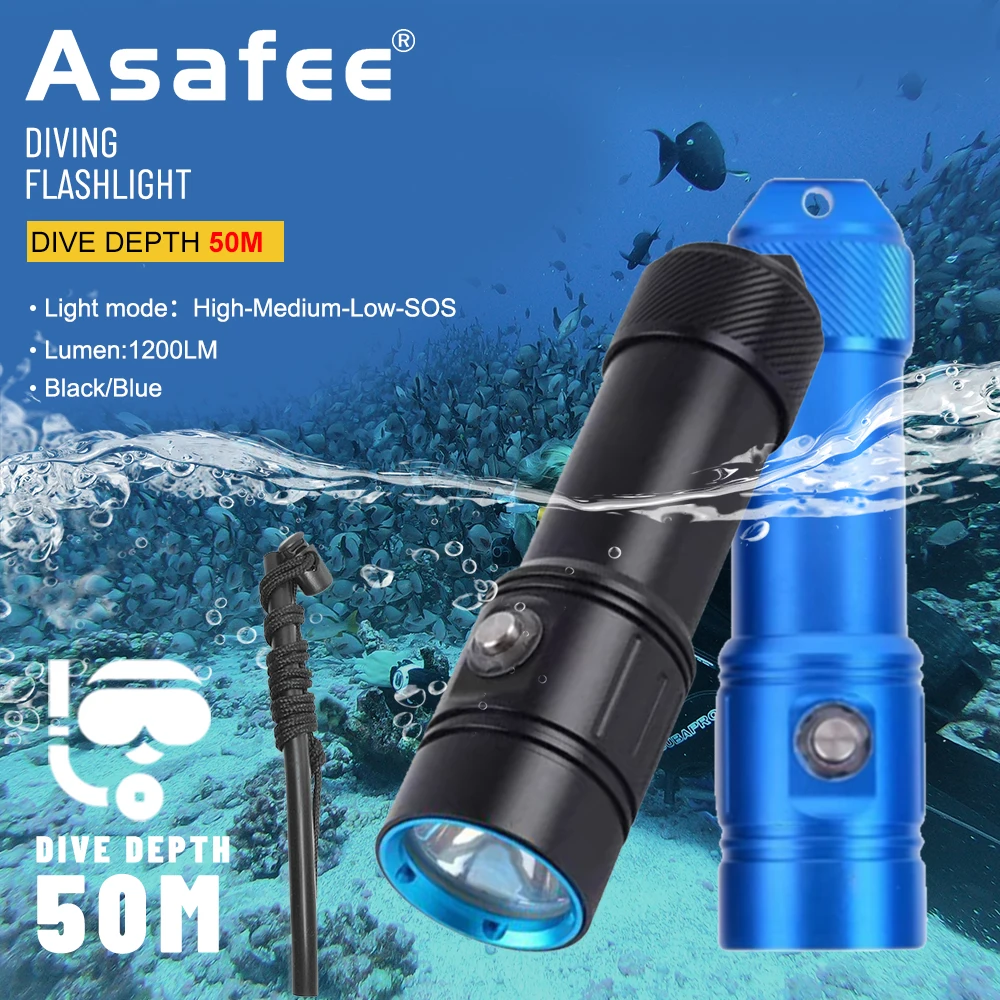 Asafee AF17D 50M Underwater Diving Flashlight L2 LED 1200LM Submersible Dive Light Lamp Torch IPX8 Waterproof Lantern