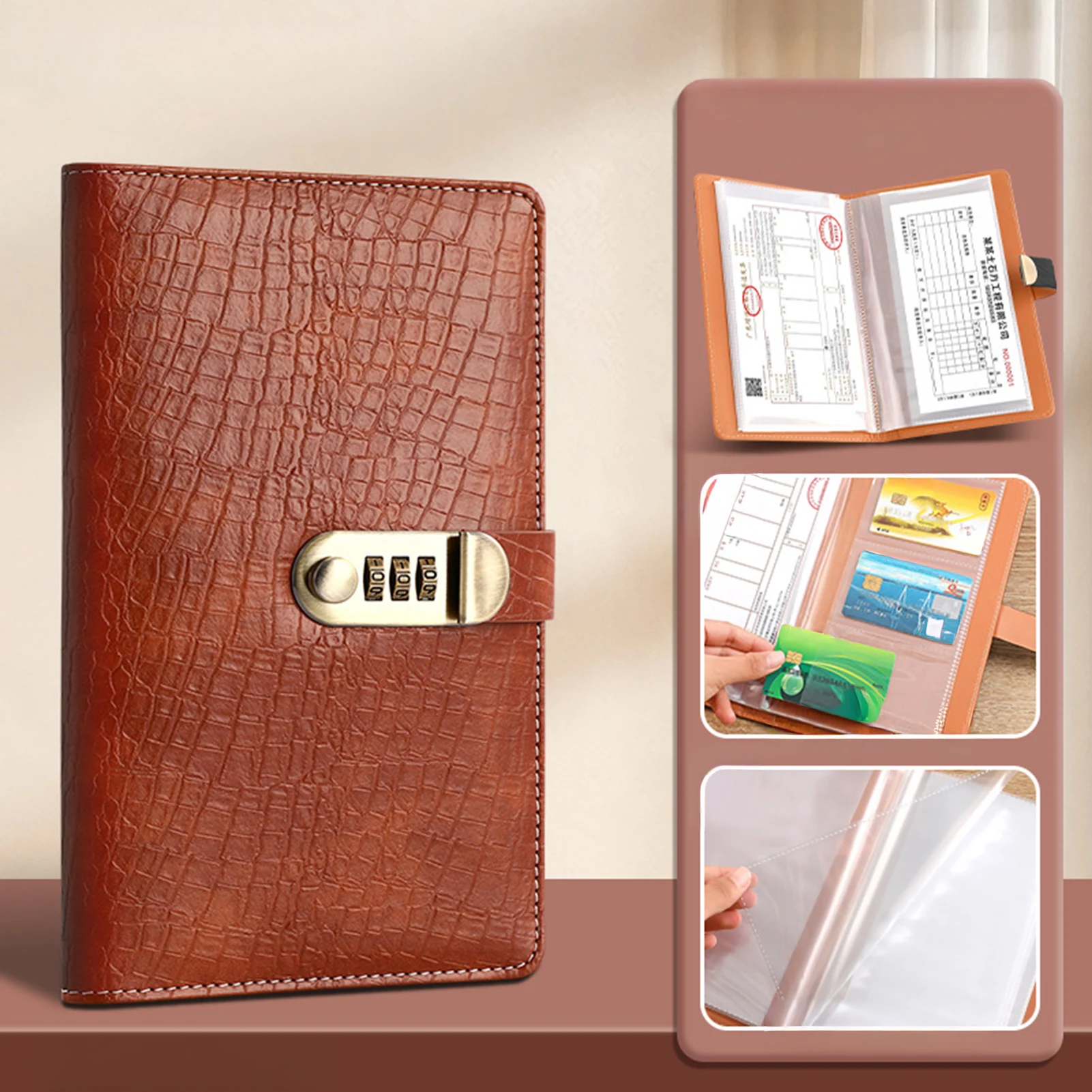 Organizer na dokumenty z zamkiem szyfrowym, wzór krokodyla, wykonany ze skóry PU.