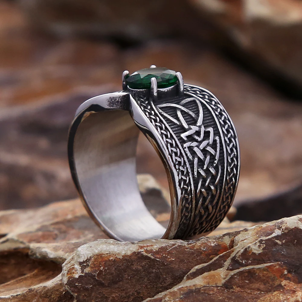 New Design Creative Stainless Steel Green Stone Ring For Men Women Fashion Vintage Viking Celtic Knot Rings Amulet Jewelry Gifts