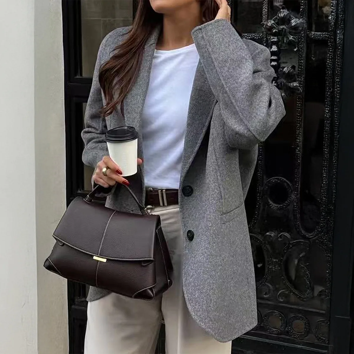 Women Solid Blazer Coat Short Jacket Notch Collar Long Sleeve Slight Strech Loose Office Lady Elegant Casual  Autumn Winter