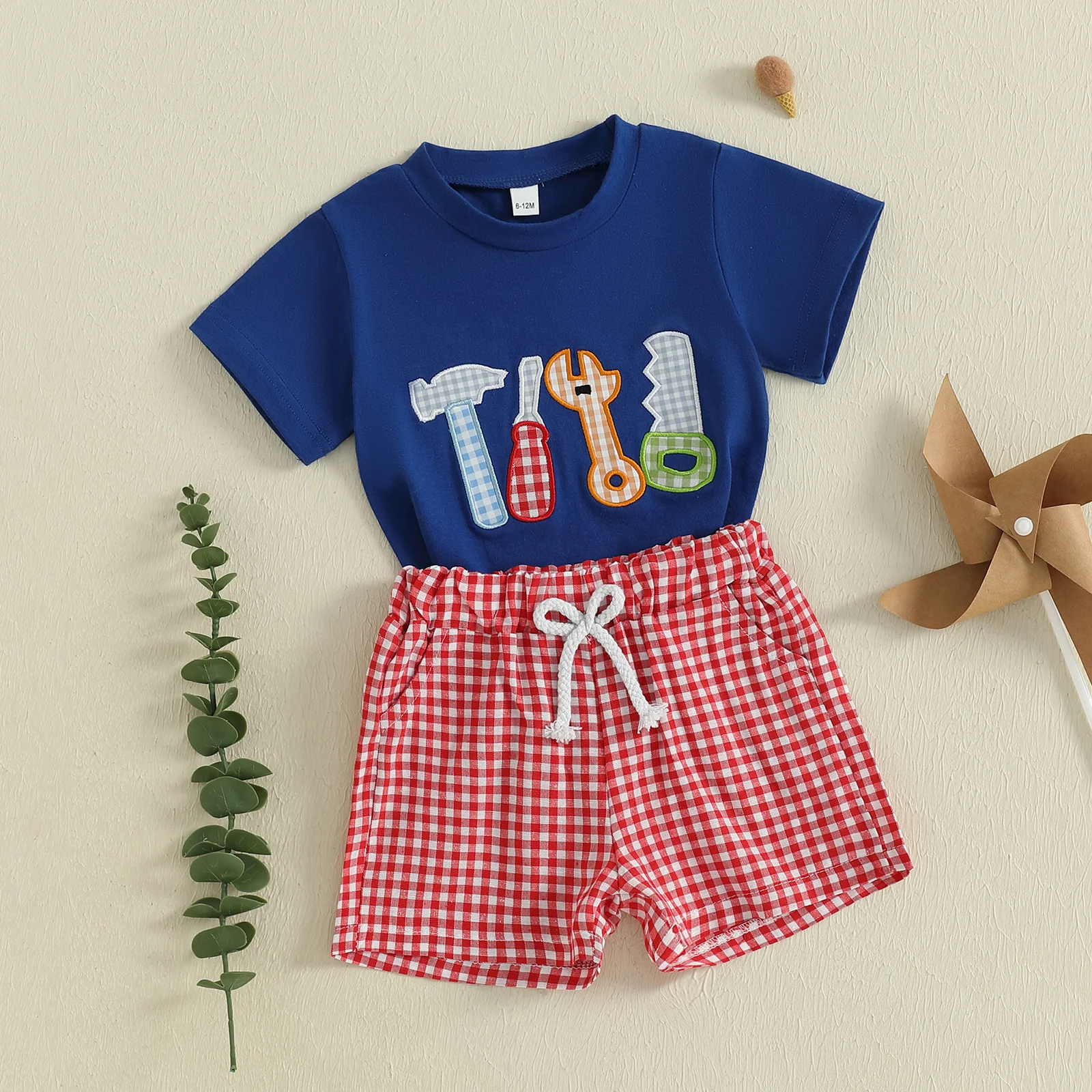 Baby Boys Summer Outfits Tool Embroidery Short Sleeves T-Shirt and Elastic Plaid Shorts Set for 2 Piece Clothes Set
