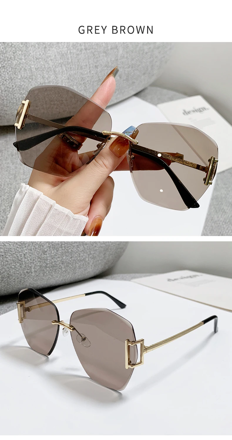 Hochwertige rahmenlose Sonnenbrille in neuer Farbverlauf, polygonale Damenbrille mit großem Rahmen 90252 – Detail 13