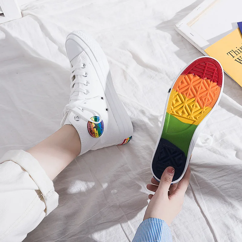 Women Canvas Sneakers Rainbow High Top Canvas Shoes Woman Sneakers Vulcanized Shoes Fashion Summer Sneaker Flats White Shoes