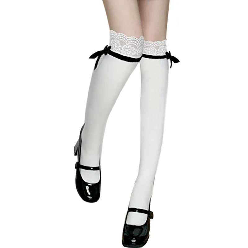 

Women's Over Knee Socks with Lace Bows Accent Elegant Thigh High Stockings Dropshipping