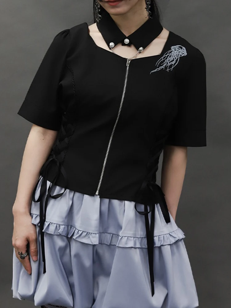 

Женская рубашка Axes Femme в японском стиле с вышивкой глубоководных медуз, высоким воротником и коротким рукавом, с сетчатым декором, CI8X68P