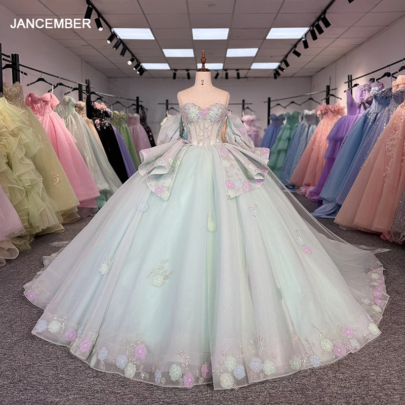 Customized Quinceanera Dresses Lace Beads Ball Gown Scoop Off the Shoulder with Court Train Corset vestido de 15 quinceañera