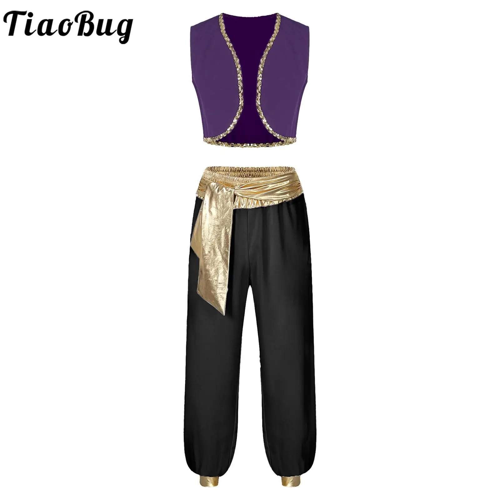 

Halloween Men Arabian Prince Warrior Cosplay Outfit Mythical Creek Sequin Trim Waistcoat with Belted Pants for Halloween Party