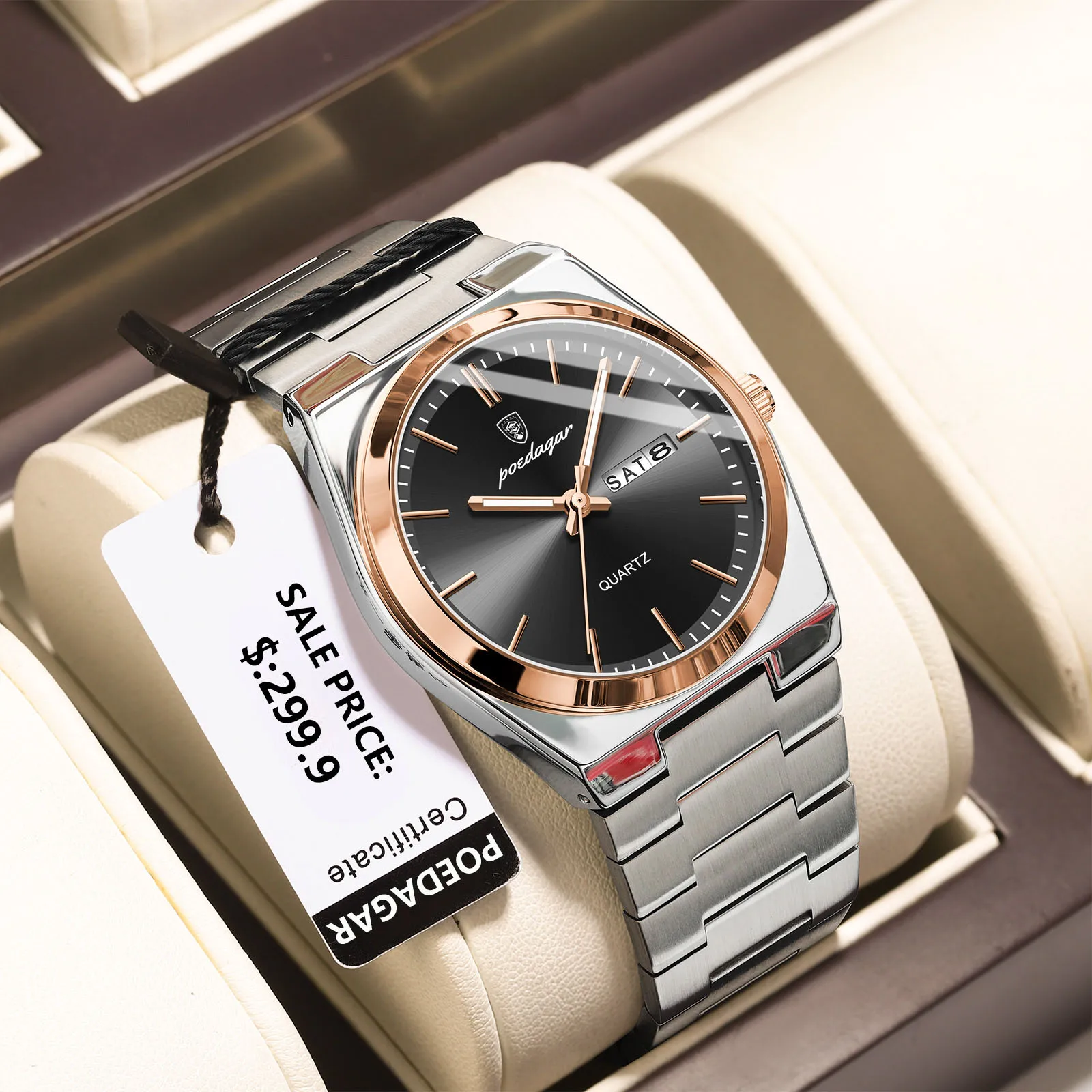 POEDAGAR Luxe herenhorloges Waterdicht Lichtgevende Datum Week Herenhorloge Roestvrij staal Casual Mode Quartz Man Polshorloge Reloj