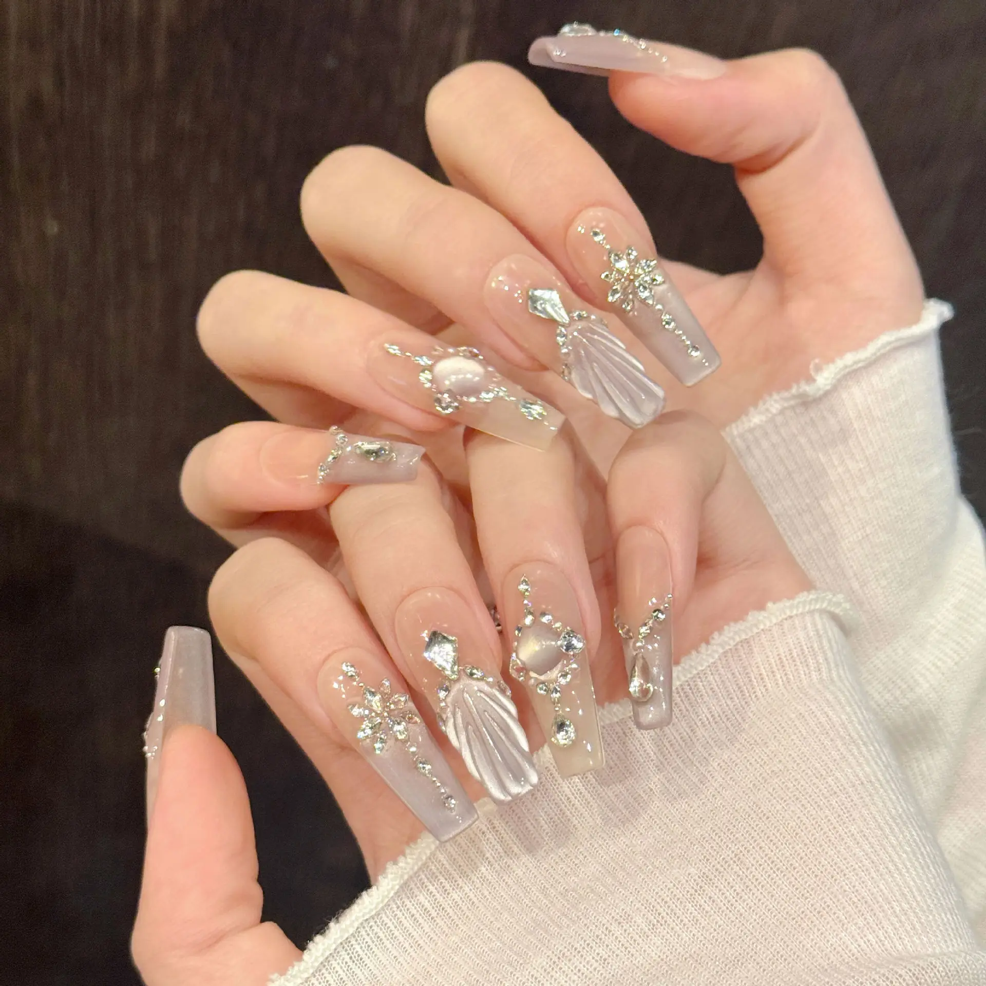 10개입 새 수제 인조 손톱 요정 손으로 그린 물고기 꼬리 프렌치 스타일 프레스 온 네일 광택 있는 캣츠 아이 탈부착 가능한 가짜 손톱