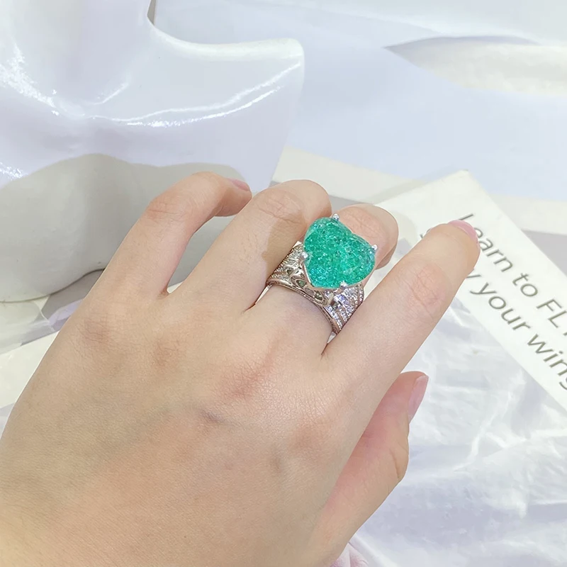 Elegant Paraiba Emerald S925 Silver Heart  Full Diamond Couple Ring For Women Lover Geometric Valentine Day Gift Party Jewelry